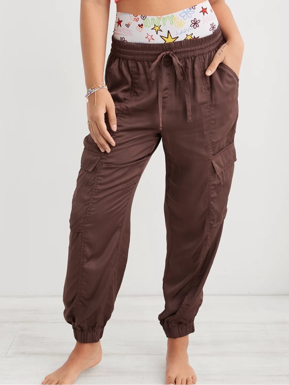 Aerie Satin Cargo Jogger Relic Brown NWT Size XL